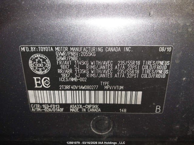 12561079 :رقم المزاد ، 2T3RF4DV1AW080277 vin ، 2010 Toyota Rav4 مزاد بيع