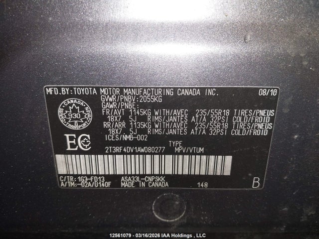 12561079 :رقم المزاد ، 2T3RF4DV1AW080277 vin ، 2010 Toyota Rav4 مزاد بيع