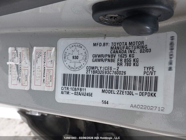 Aukcja sprzedaży 2003 Toyota Corolla Ce/le/s, vin: 2T1BR32E93C760026, numer aukcji: 12561083