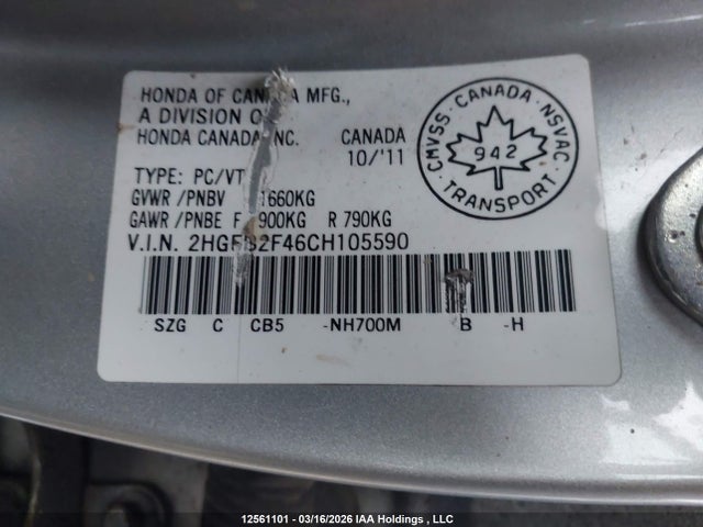 Продаж на аукціоні авто 2012 Honda Civic Lx, vin: 2HGFB2F46CH105590, номер лоту: 12561101