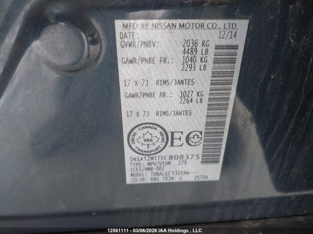 Продаж на аукціоні авто 2015 Nissan Rogue, vin: 5N1AT2MT7FC808375, номер лоту: 12561111