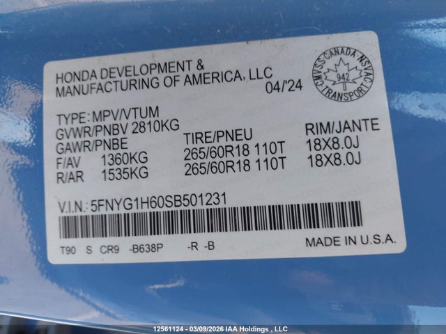 5FNYG1H60SB501231 Honda Pilot Trailsport