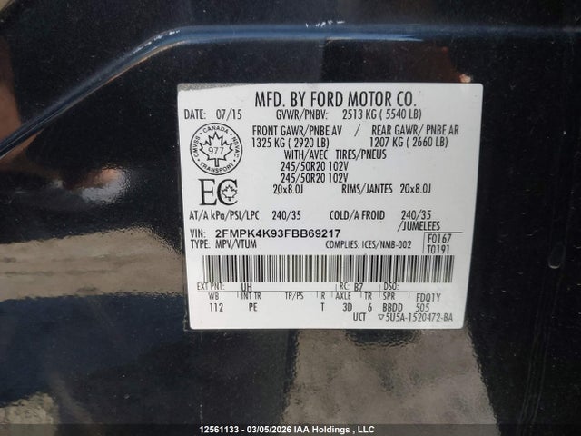 12561133 :رقم المزاد ، 2FMPK4K93FBB69217 vin ، 2015 Ford Edge Titanium مزاد بيع