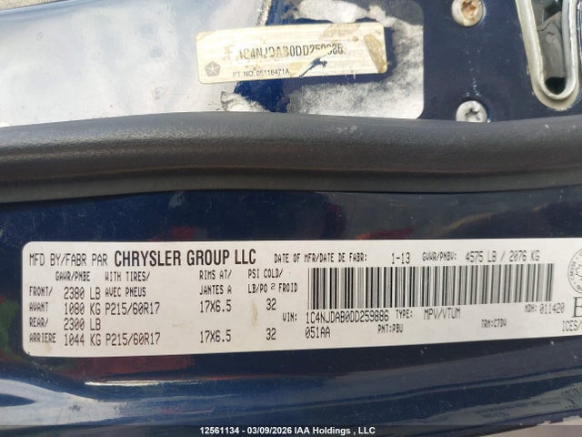 Aukcja sprzedaży 2013 Jeep Compass, vin: 1C4NJDAB0DD259886, numer aukcji: 12561134