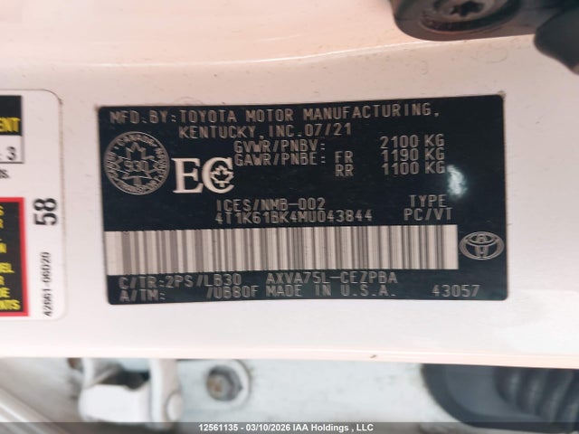 4T1K61BK4MU043844 Toyota CAMRY XSE
