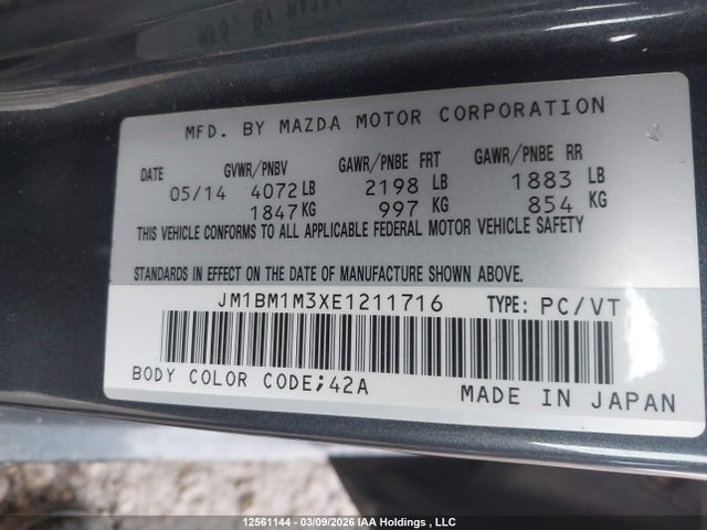 Aukcja sprzedaży 2014 Mazda 3 Grand Touring, vin: JM1BM1M3XE1211716, numer aukcji: 12561144