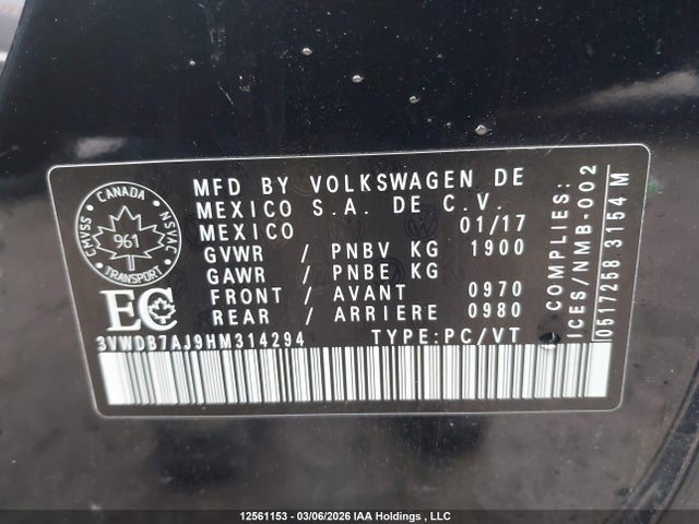 Aukcja sprzedaży 2017 Volkswagen Jetta Se, vin: 3VWDB7AJ9HM314294, numer aukcji: 12561153