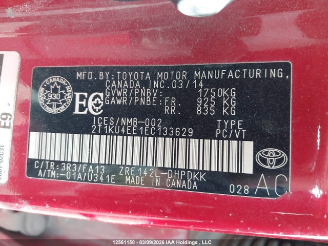 12561158 :رقم المزاد ، 2T1KU4EE1EC133629 vin ، 2014 Toyota Matrix مزاد بيع