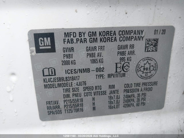 2020 Buick Encore Preferred მანქანა იყიდება აუქციონზე, vin: KL4CJESB9LB318417, აუქციონის ნომერი: 12561160