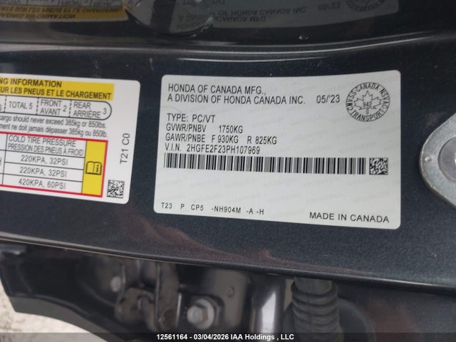2023 Honda Civic Lx/lx-b მანქანა იყიდება აუქციონზე, vin: 2HGFE2F23PH107969, აუქციონის ნომერი: 12561164