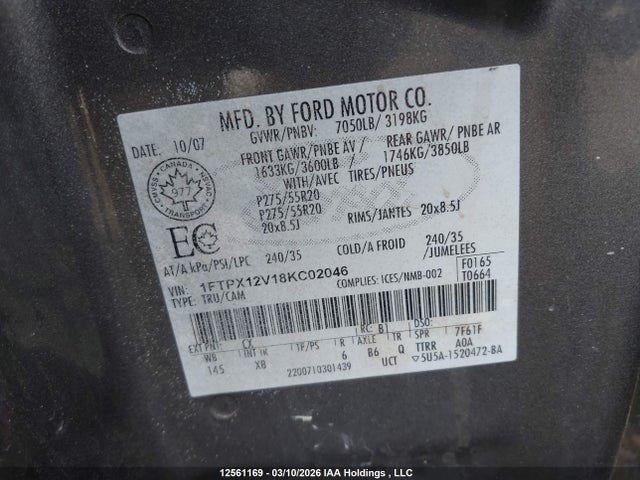 2008 Ford F-150 Lariat/xl/xlt მანქანა იყიდება აუქციონზე, vin: 1FTPX12V18KC02046, აუქციონის ნომერი: 12561169