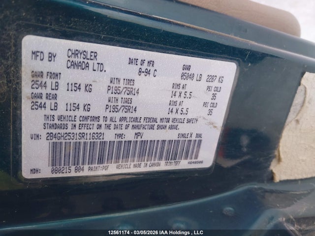 Auction sale of the 1995 Dodge Caravan, vin: 2B4GH2531SR116321, lot number: 12561174