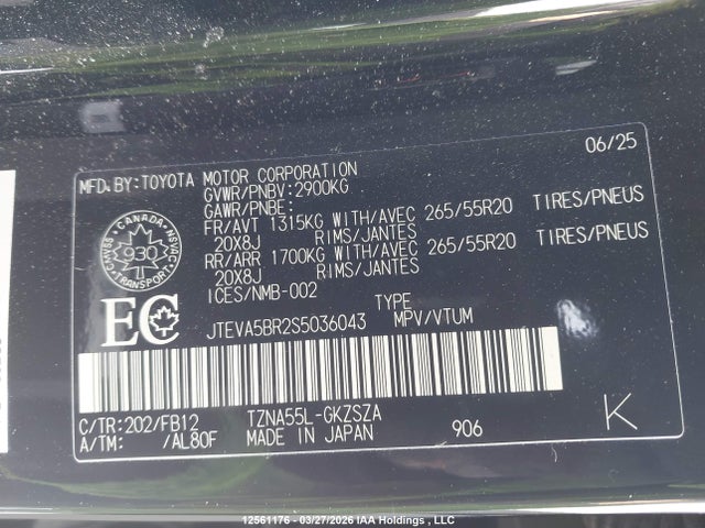 12561176 :رقم المزاد ، JTEVA5BR2S5036043 vin ، 2025 Toyota 4runner مزاد بيع