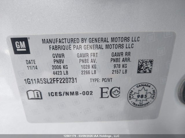 Продажа на аукционе авто 2015 Chevrolet Malibu 1fl, vin: 1G11A5SL2FF220731, номер лота: 12561179
