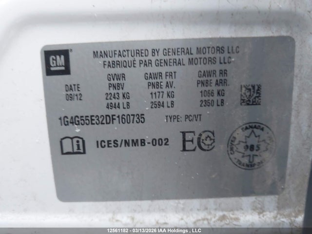 12561182 :رقم المزاد ، 1G4G55E32DF160735 vin ، 2013 Buick Lacrosse Eassist Luxury Group مزاد بيع