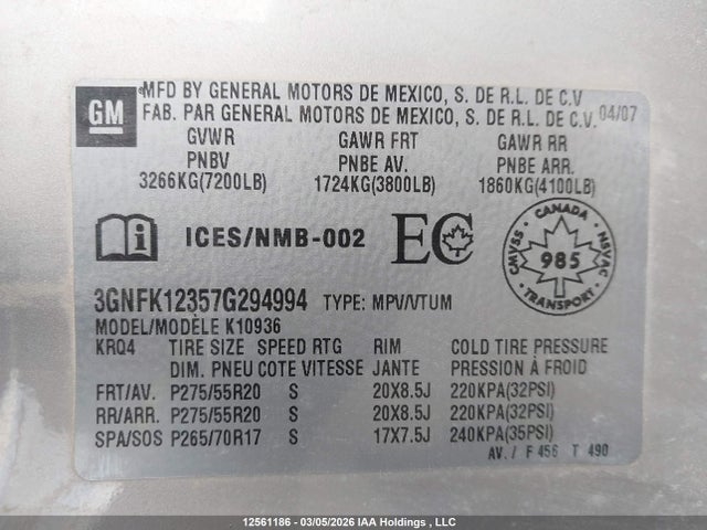 12561186 :رقم المزاد ، 3GNFK12357G294994 vin ، 2007 Chevrolet Avalanche 1500 Ls/lt/ltz مزاد بيع
