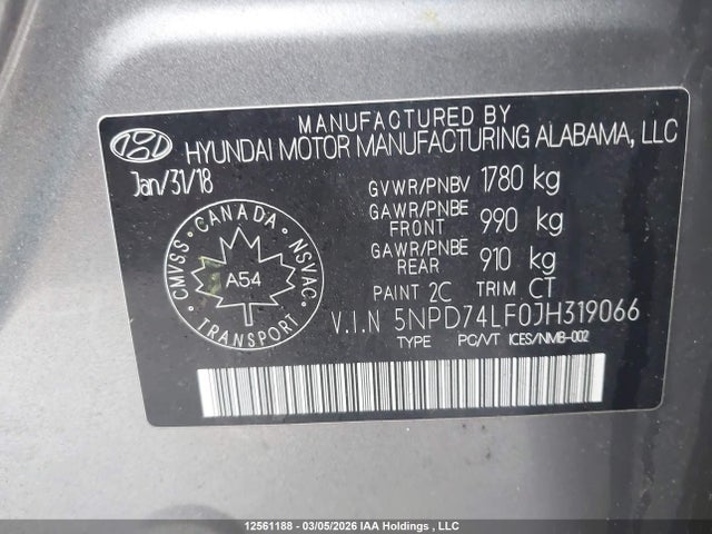 Aukcja sprzedaży 2018 Hyundai Elantra Le, vin: 5NPD74LF0JH319066, numer aukcji: 12561188