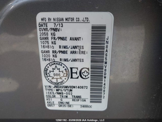 12561192 :رقم المزاد ، JN8AS5MV8DW140872 vin ، 2013 Nissan Rogue S/sv مزاد بيع