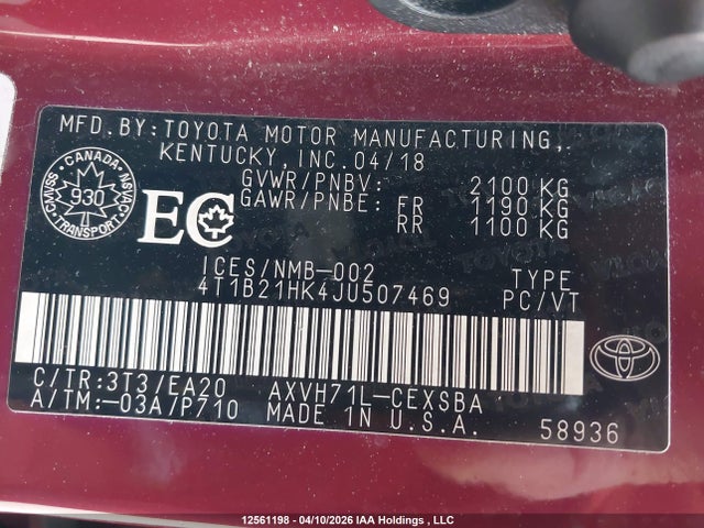 Продажа на аукционе авто 2018 Toyota Camry Hybrid/le/xle/se, vin: 4T1B21HK4JU507469, номер лота: 12561198