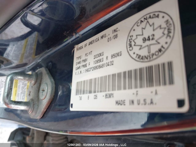 12561203 :رقم المزاد ، 1HGCP26808A810432 vin ، 2008 Honda Accord Exl مزاد بيع