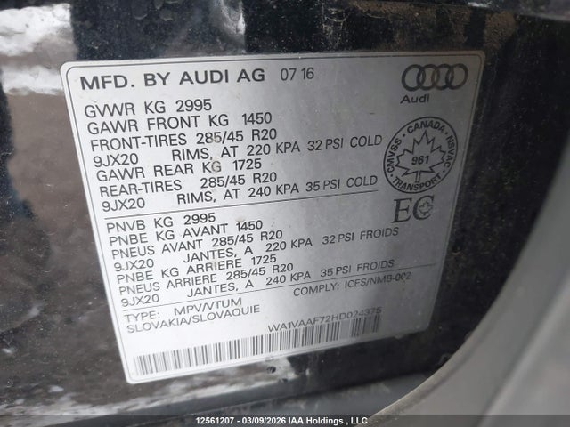 12561207 :رقم المزاد ، WA1VAAF72HD024375 vin ، 2017 Audi Q7 3.0t Technik مزاد بيع
