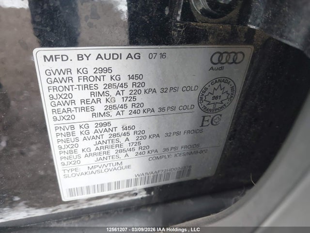 12561207 :رقم المزاد ، WA1VAAF72HD024375 vin ، 2017 Audi Q7 3.0t Technik مزاد بيع