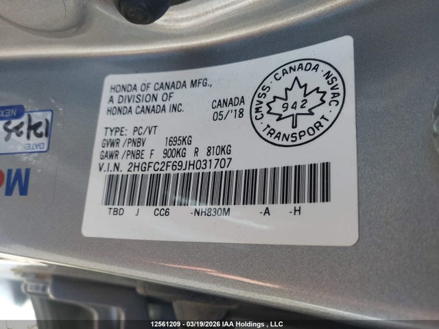12561209 :رقم المزاد ، 2HGFC2F69JH031707 vin ، 2018 Honda Civic Se مزاد بيع