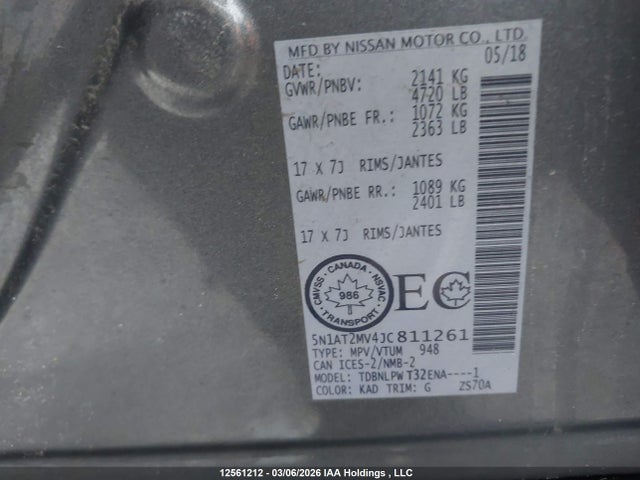 5N1AT2MV4JC811261 Nissan Rogue Sv/sl