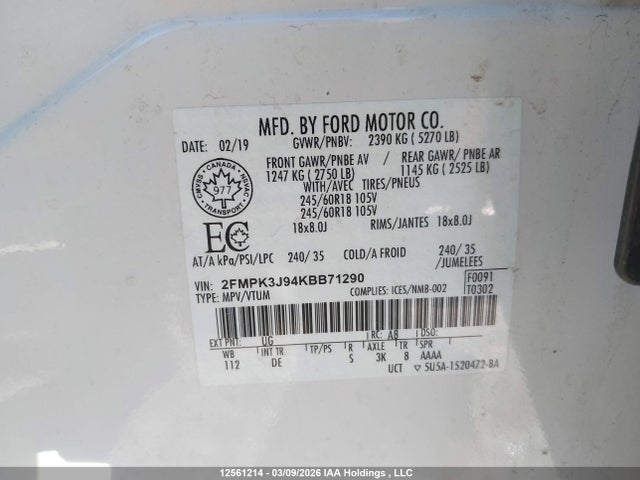 Продажа на аукционе авто 2019 Ford Edge Sel, vin: 2FMPK3J94KBB71290, номер лота: 12561214