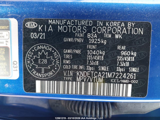 Aukcja sprzedaży 2021 Kia Seltos Sx Turbo, vin: KNDETCA21M7224261, numer aukcji: 12561219