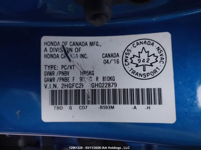2016 Honda Civic Ex მანქანა იყიდება აუქციონზე, vin: 2HGFC2F72GH022879, აუქციონის ნომერი: 12561228