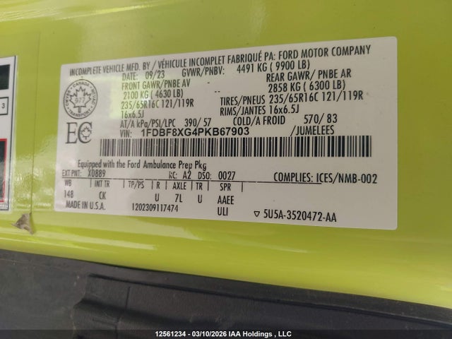 12561234 :رقم المزاد ، 1FDBF8XG4PKB67903 vin ، 2023 Ford Transit T-350 Hd مزاد بيع