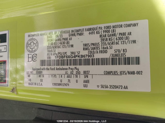 12561234 :رقم المزاد ، 1FDBF8XG4PKB67903 vin ، 2023 Ford Transit T-350 Hd مزاد بيع