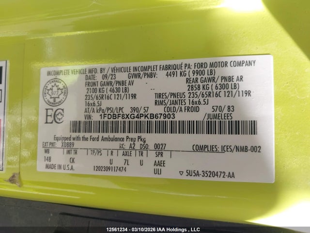 12561234 :رقم المزاد ، 1FDBF8XG4PKB67903 vin ، 2023 Ford Transit T-350 Hd مزاد بيع