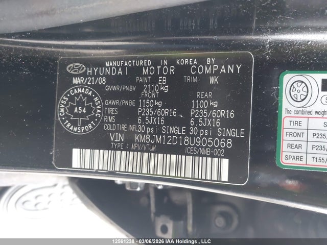 12561238 :رقم المزاد ، KM8JM12D18U905068 vin ، 2008 Hyundai Tucson Gl مزاد بيع
