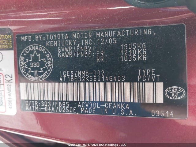 Aukcja sprzedaży 2006 Toyota Camry Le/se, vin: 4T1BE32K56U146403, numer aukcji: 12561239