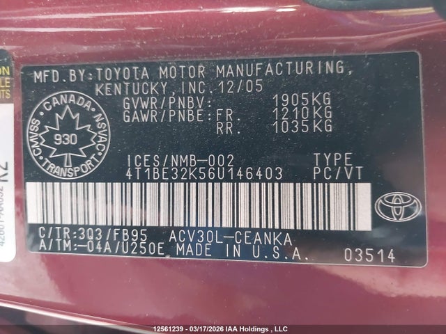 Aukcja sprzedaży 2006 Toyota Camry Le/se, vin: 4T1BE32K56U146403, numer aukcji: 12561239