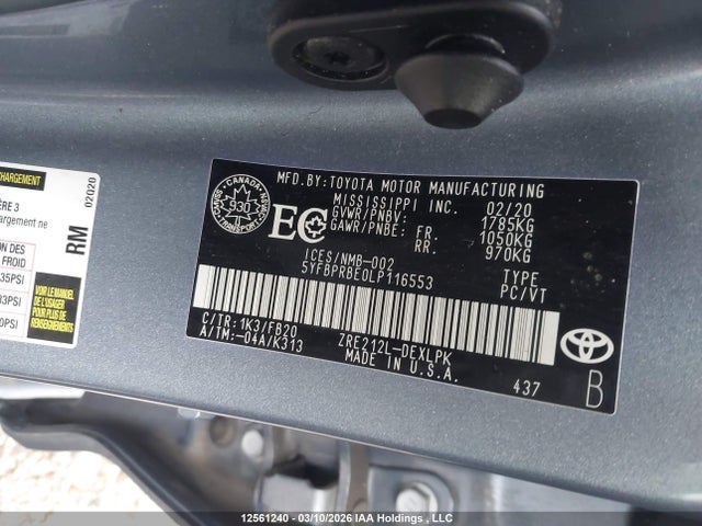 12561240 :رقم المزاد ، 5YFBPRBE0LP116553 vin ، 2020 Toyota Corolla Le مزاد بيع