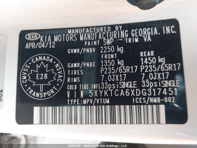 12561247 :رقم المزاد ، 5XYKTCA6XDG317451 vin ، 2013 Kia Sorento Lx مزاد بيع
