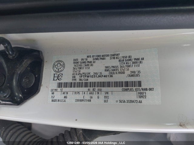 12561249 :رقم المزاد ، 1FTFW1E51JKF46136 vin ، 2018 Ford F150 Supercrew مزاد بيع
