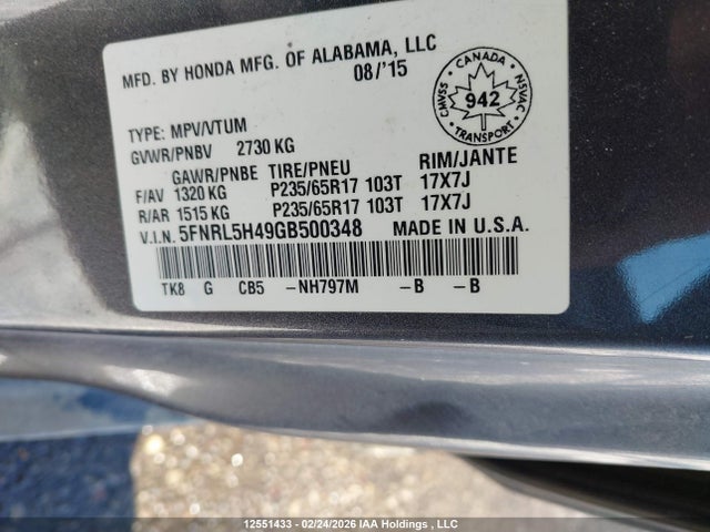 5FNRL5H49GB500348 Honda ODYSSEY EX