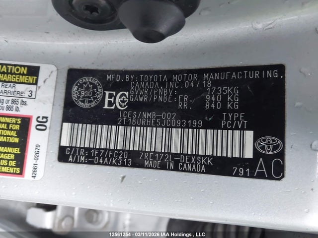 12561254 :رقم المزاد ، 2T1BURHE5JC093199 vin ، 2018 Toyota Corolla Se مزاد بيع