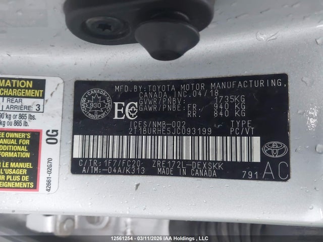 12561254 :رقم المزاد ، 2T1BURHE5JC093199 vin ، 2018 Toyota Corolla Se مزاد بيع