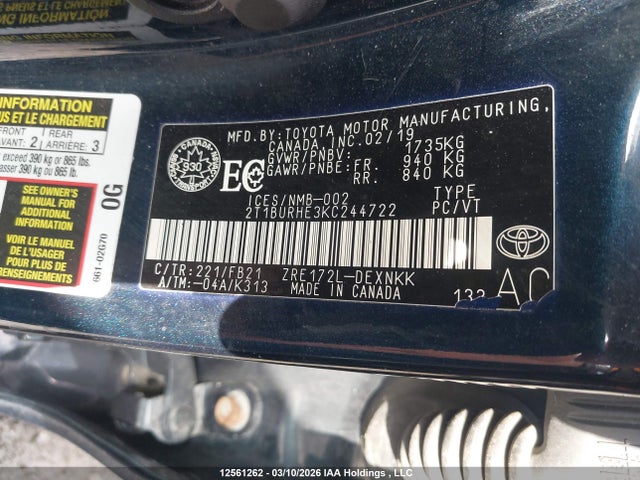 Aukcja sprzedaży 2019 Toyota Corolla Le, vin: 2T1BURHE3KC244722, numer aukcji: 12561262