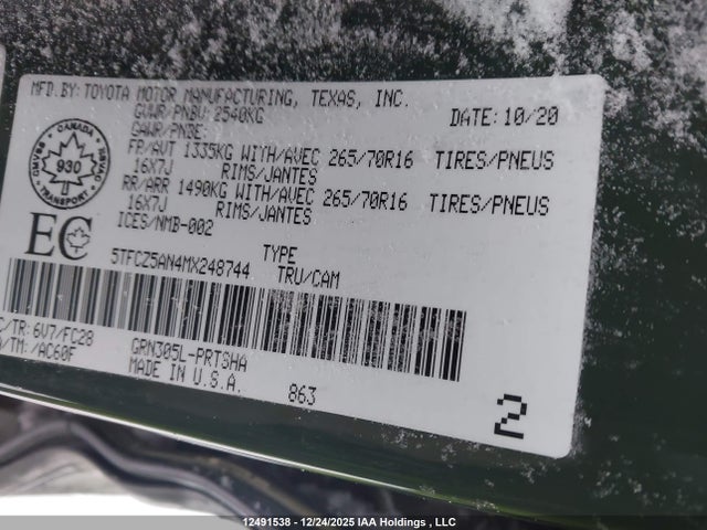 12491538 :رقم المزاد ، 5TFCZ5AN4MX248744 vin ، 2021 Toyota Tacoma مزاد بيع