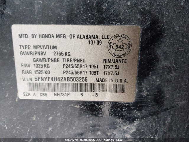 12561279 :رقم المزاد ، 5FNYF4H42AB503256 vin ، 2010 Honda Pilot Ex مزاد بيع
