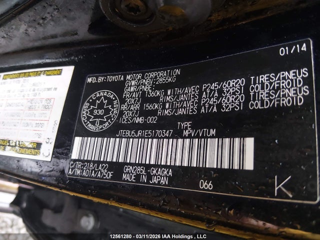 Aukcja sprzedaży 2014 Toyota 4runner Sr5/limited/trail, vin: JTEBU5JR1E5170347, numer aukcji: 12561280