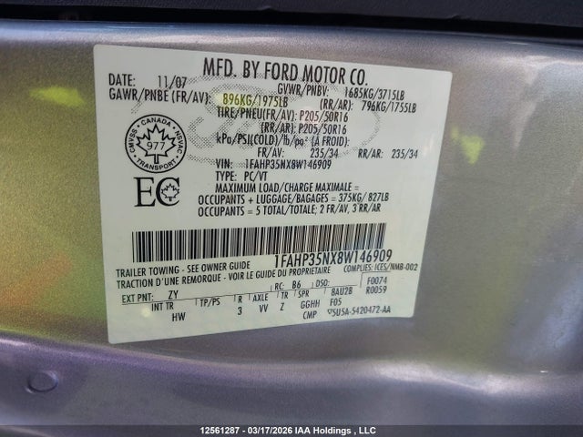 12561287 :رقم المزاد ، 1FAHP35NX8W146909 vin ، 2008 Ford Focus Se/sel/ses مزاد بيع