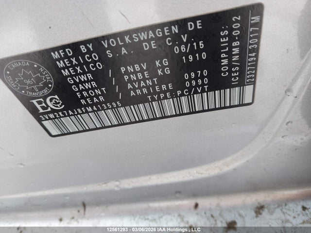 12561293 :رقم المزاد ، 3VW2K7AJ8FM413595 vin ، 2015 Volkswagen Jetta S مزاد بيع