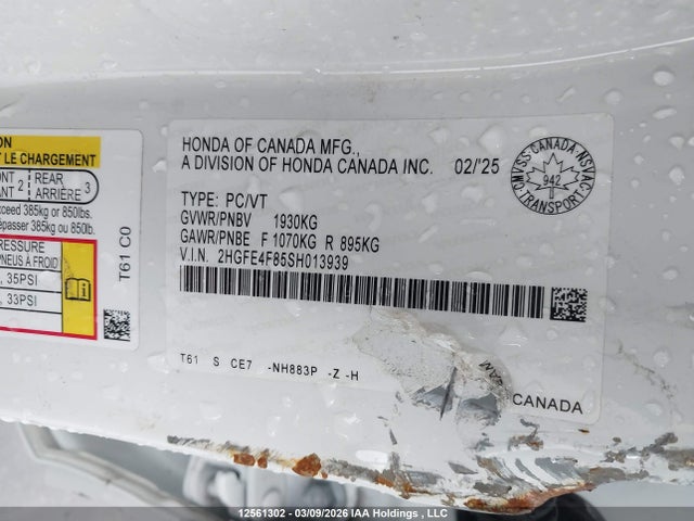 2025 Honda Civic Hybrid მანქანა იყიდება აუქციონზე, vin: 2HGFE4F85SH013939, აუქციონის ნომერი: 12561302